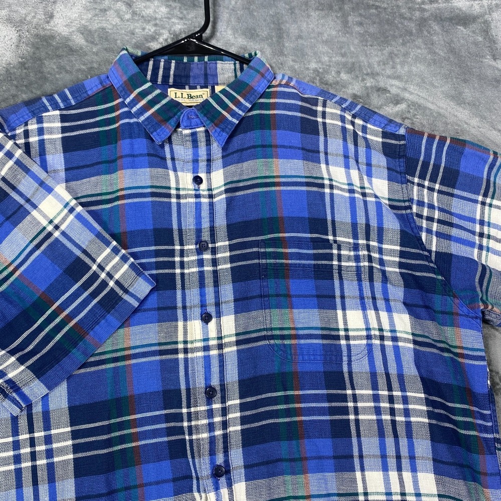 Vintage LL Bean Shirt Mens XL Blue Plaid 100% Cotton Cool Weave Button Down USA